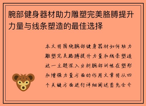 腕部健身器材助力雕塑完美胳膊提升力量与线条塑造的最佳选择