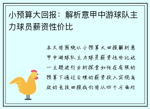 小预算大回报：解析意甲中游球队主力球员薪资性价比