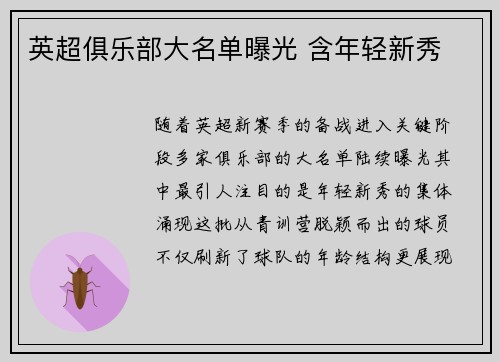 英超俱乐部大名单曝光 含年轻新秀