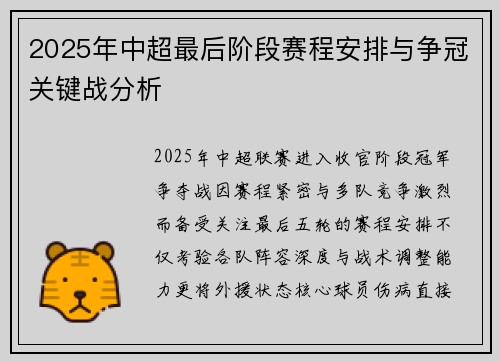 2025年中超最后阶段赛程安排与争冠关键战分析